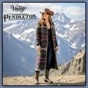 Vintage Pendleton Rimrock Jacquard Wool Duster Long Coat Suede Trim size L